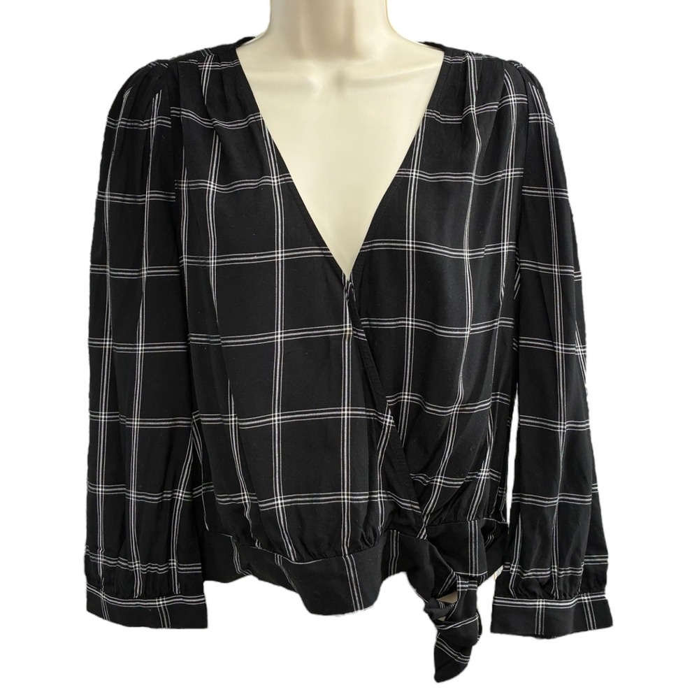 Madewell Black‎ White Windowpane Plaid Wrap Blouse Side Tie Long Sleeve M